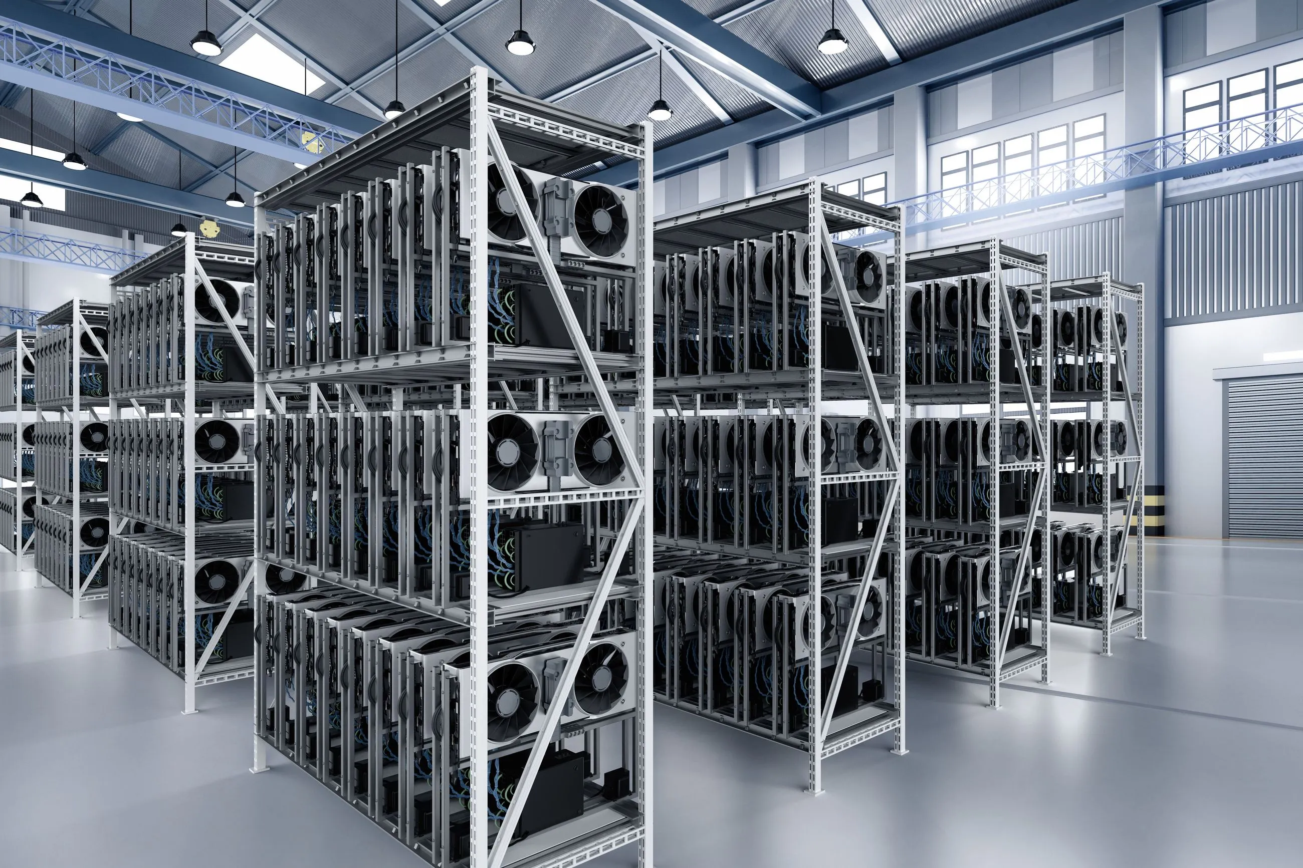 Enterprise bitcoin mining colocation facility with ASIC miner racks